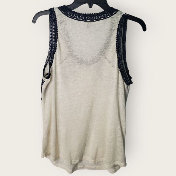 J. Crew Linen Tank Top Cream Navy Lace Size Small - Picture 3 of 8